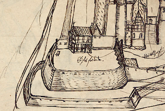 Ansicht des Eichsfeldes auf einer Zeichnung der Burg von Landgraf Moritz, 1624 (Universitätsbibliothek Kassel, 2° Ms. Hass. 107, 278 verso).
